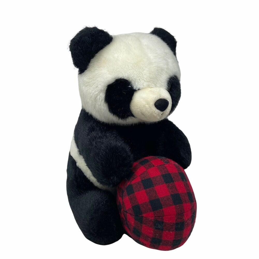 Vtg Panda Bear Plush w/ Red Plaid Ball 13" Tall